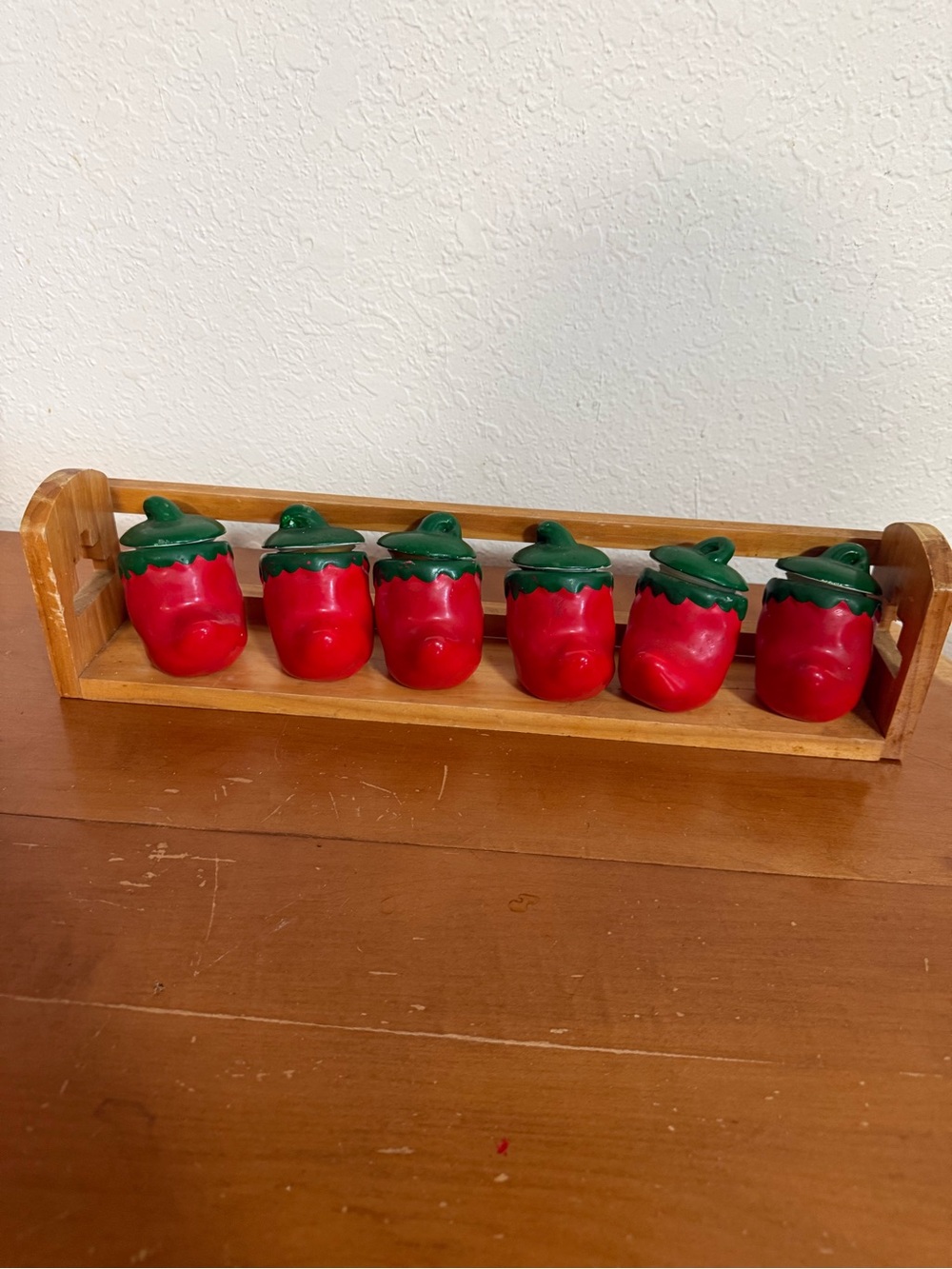 Red Pepper Wooden Spice Jar Set with Green Lids